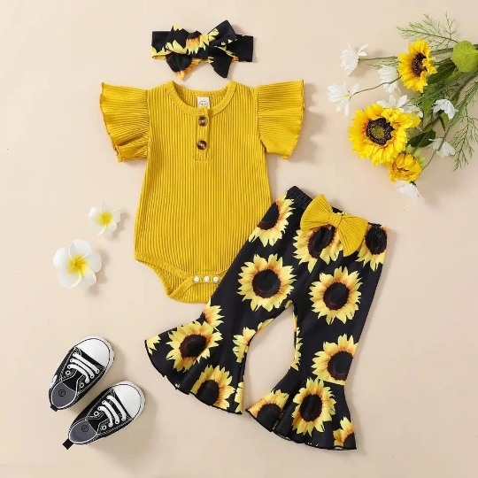 Yellow Sunflower, Pink Leopard, Black/White Striped Outfits
