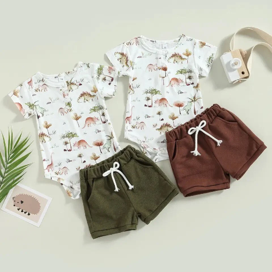 2 Piece Set | Dinosaur Short Sleeve Onesie + Shorts