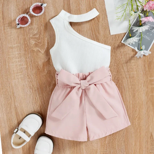 Baby Girl Sleeveless Shoulder Halter Top & Waist Belt Shorts