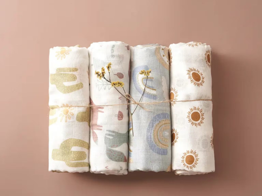 4 Pcs Baby Muslin Swaddles | 120x110cm Bamboo Cotton Swaddles