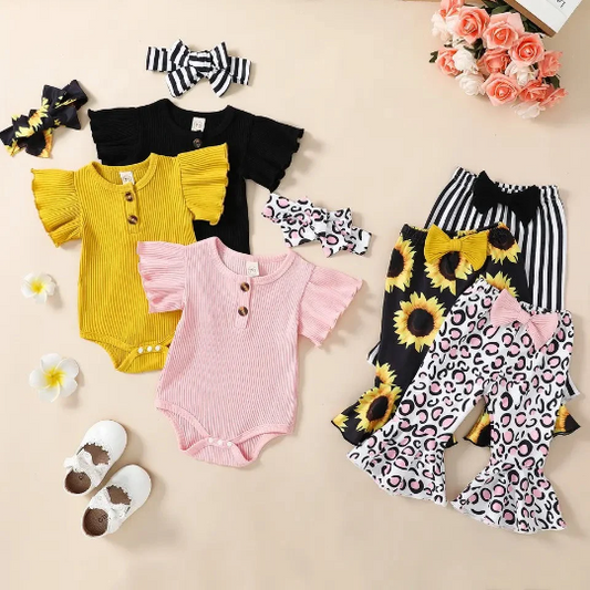 Yellow Sunflower, Pink Leopard, Black/White Striped Outfits