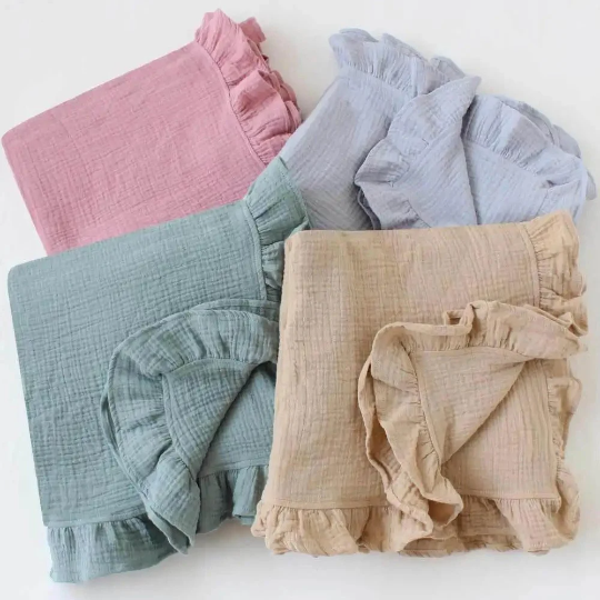 Tassel Baby Muslin Swaddles | Cotton Gauze Ruffled Baby Blanket