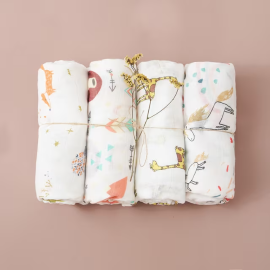 4 Pcs Baby Muslin Swaddles | 120x110cm Bamboo Cotton Swaddles