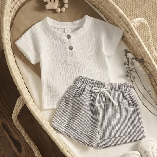 2 Piece Set | White Shirt & Striped Shorts Baby Boy Set