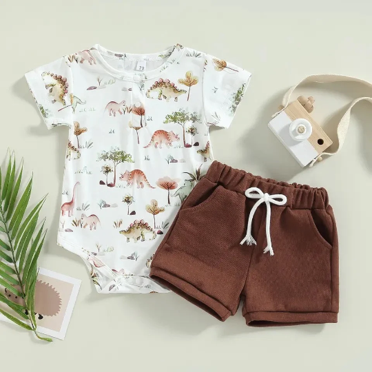 2 Piece Set | Dinosaur Short Sleeve Onesie + Shorts