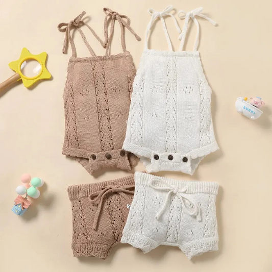Knitted Laced-Up Backless Romper + Drawstring Shorts Baby Set