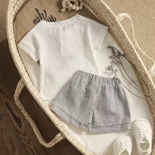 2 Piece Set | White Shirt & Striped Shorts Baby Boy Set